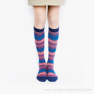 Knee high geometric square happy striped lady's socks